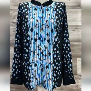Bob Mackie Wearable Art Black Blue Geometric Diamond Blouse Shirt XL
